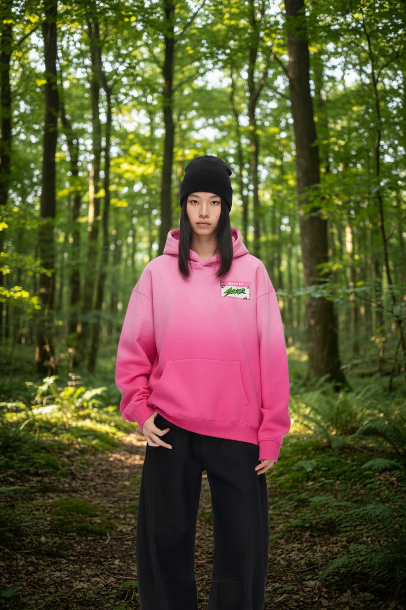 Fille hoodie rose - fond forêt